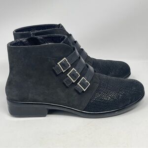 NAOT Calima Ankle Boots Womens 8 Black Crackled Leather 3 Buckle Straps Side Zip
